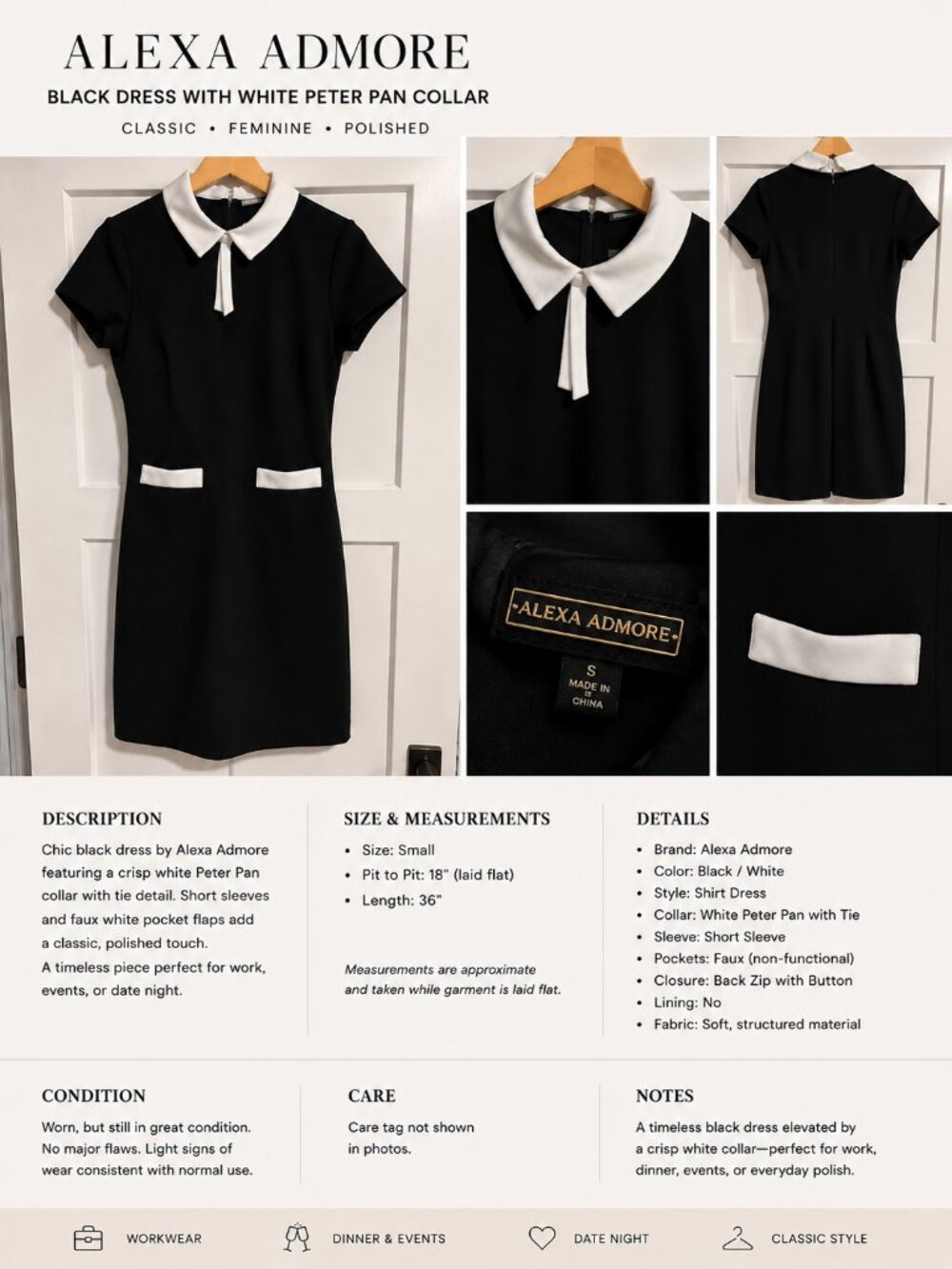 Alexa Admore Black & White Peter Pan Collar Dress Size S